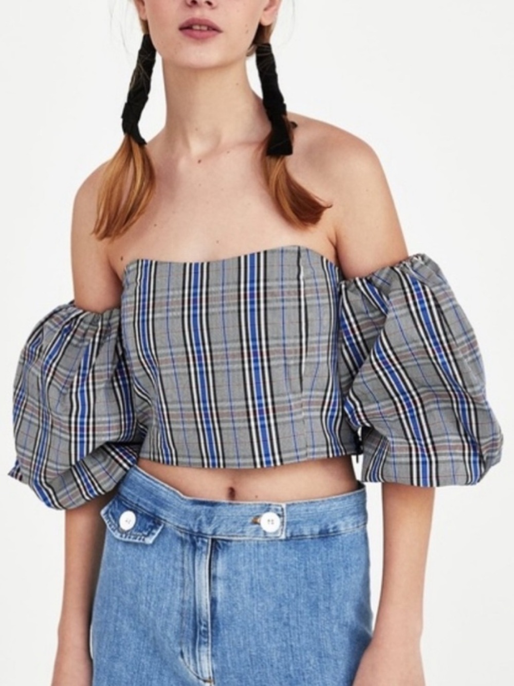 Zara Blue and Black Plaid Off-Shoulder Puff Sleeve Crop Top